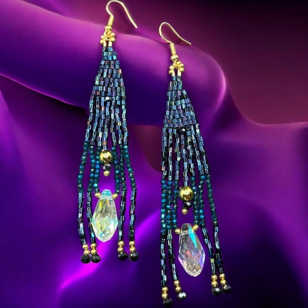 Handmade Gold Tone & Blue Beaded Golden Twilight Crystal Dangle Pierced Earrings
